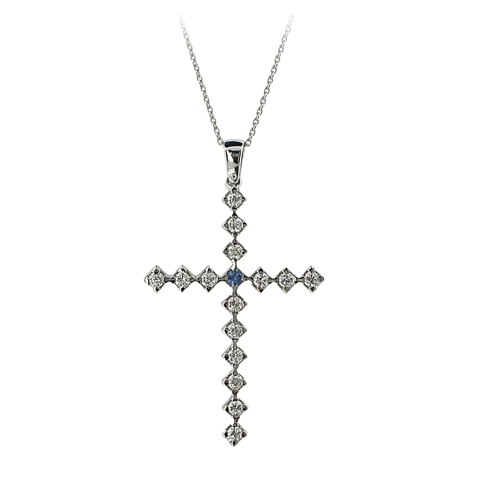 Златен кръст от бяло злато с диаманти и сапфир 888839
