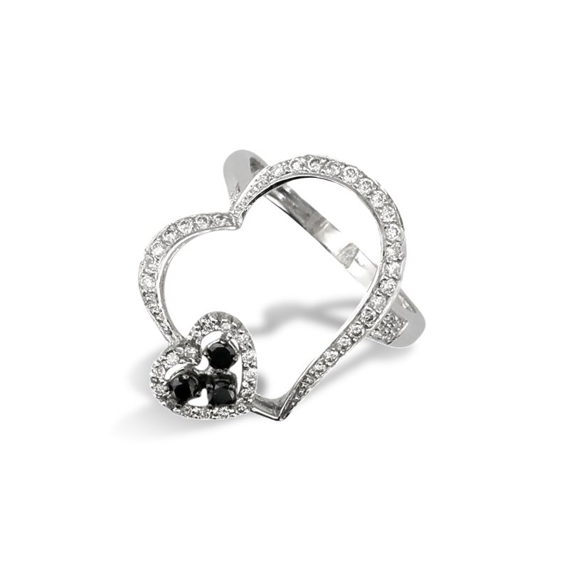 Златен пръстен сърце с бял и черен диамант 81991
