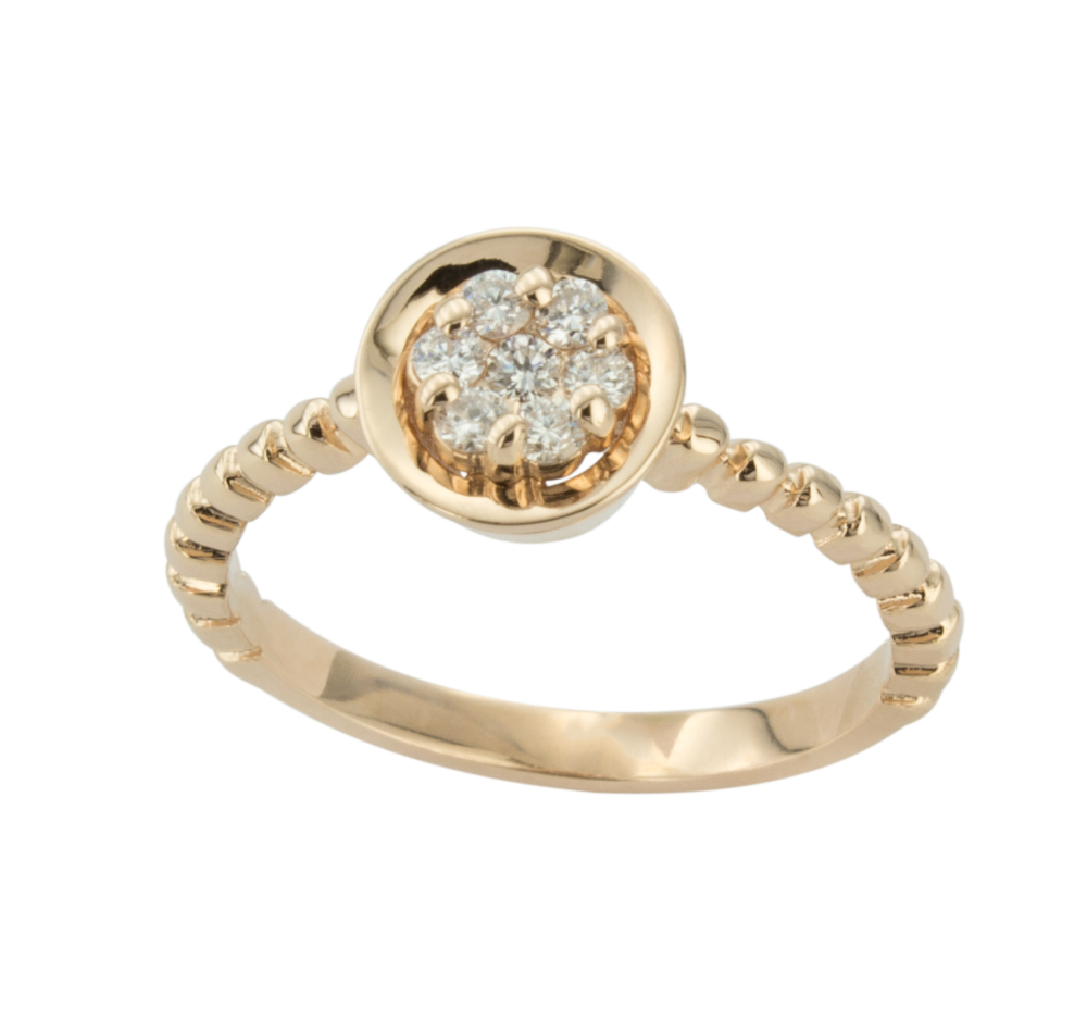 Стилен пръстен от розово злато с бели диаманти 890074