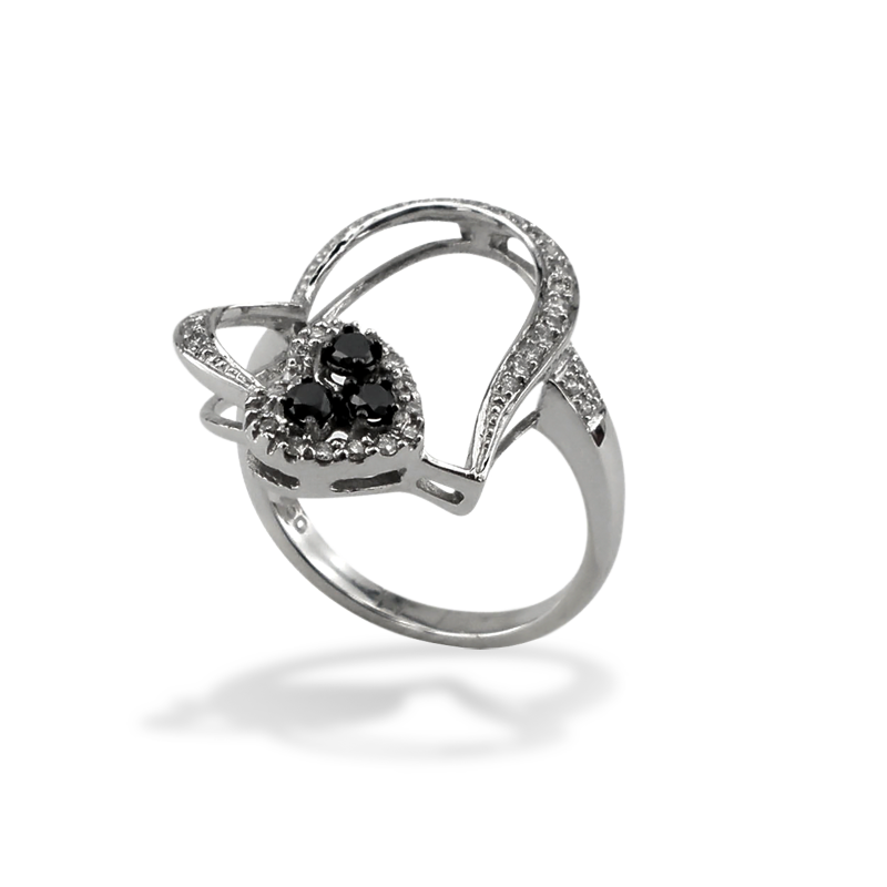 Златен пръстен сърце с бял и черен диамант 81991